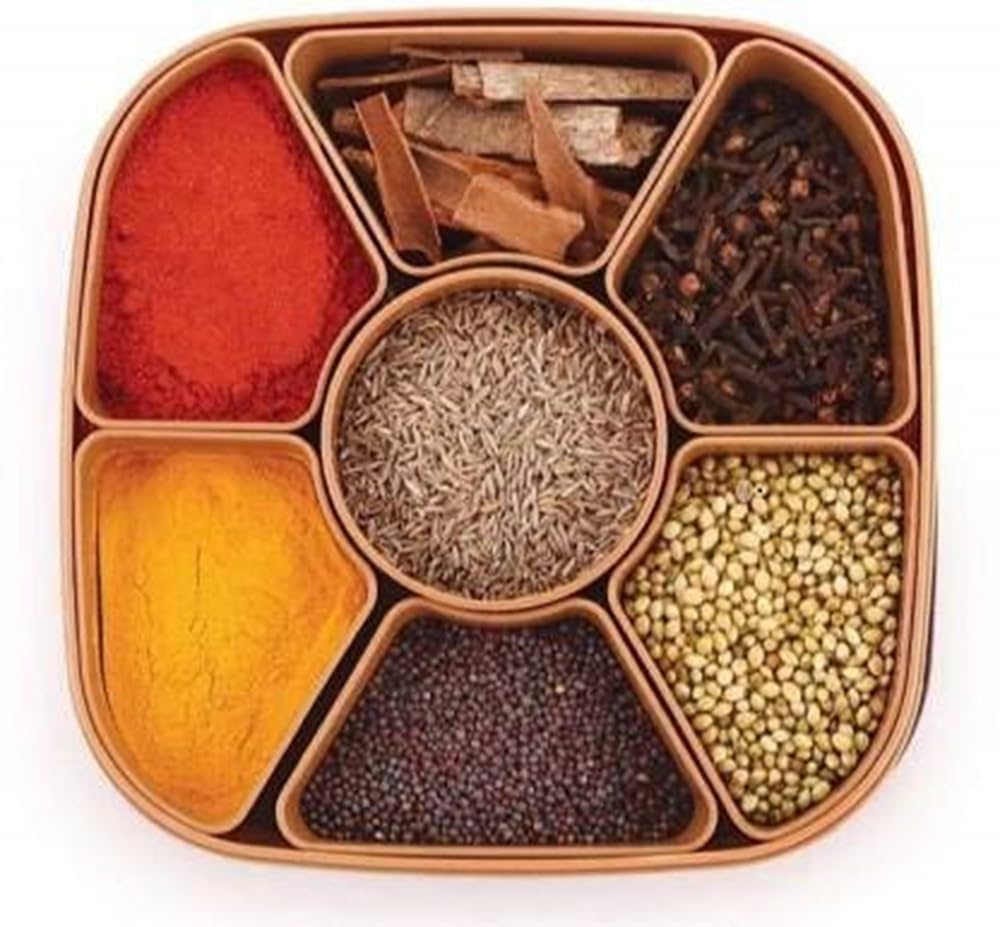HomeWiz Plastic Square 7 Sections Multipurpose Kitchen Storage Masala Rangoli Dabba Box Set, Spice Box Set - Brown (Masala Box - 7 in 1)