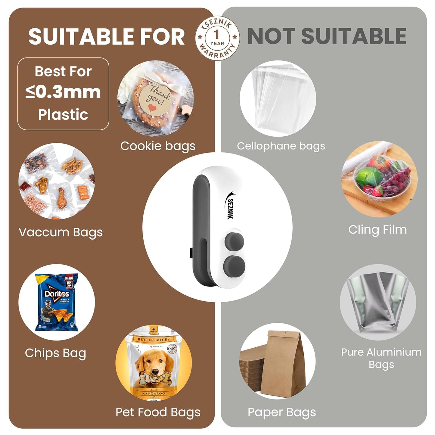 Seznik Portable Mini Sealing Machine, Handheld Packet Sealer for Food, Snacks, Chips, Fresh Storage, Plastic Bags Sealing Machine, 1 YEAR Warranty (White)