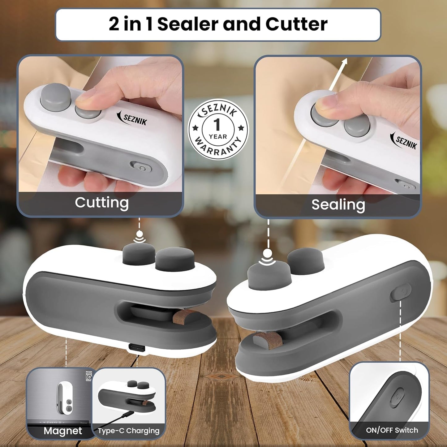 Seznik Portable Mini Sealing Machine, Handheld Packet Sealer for Food, Snacks, Chips, Fresh Storage, Plastic Bags Sealing Machine, 1 YEAR Warranty (White)