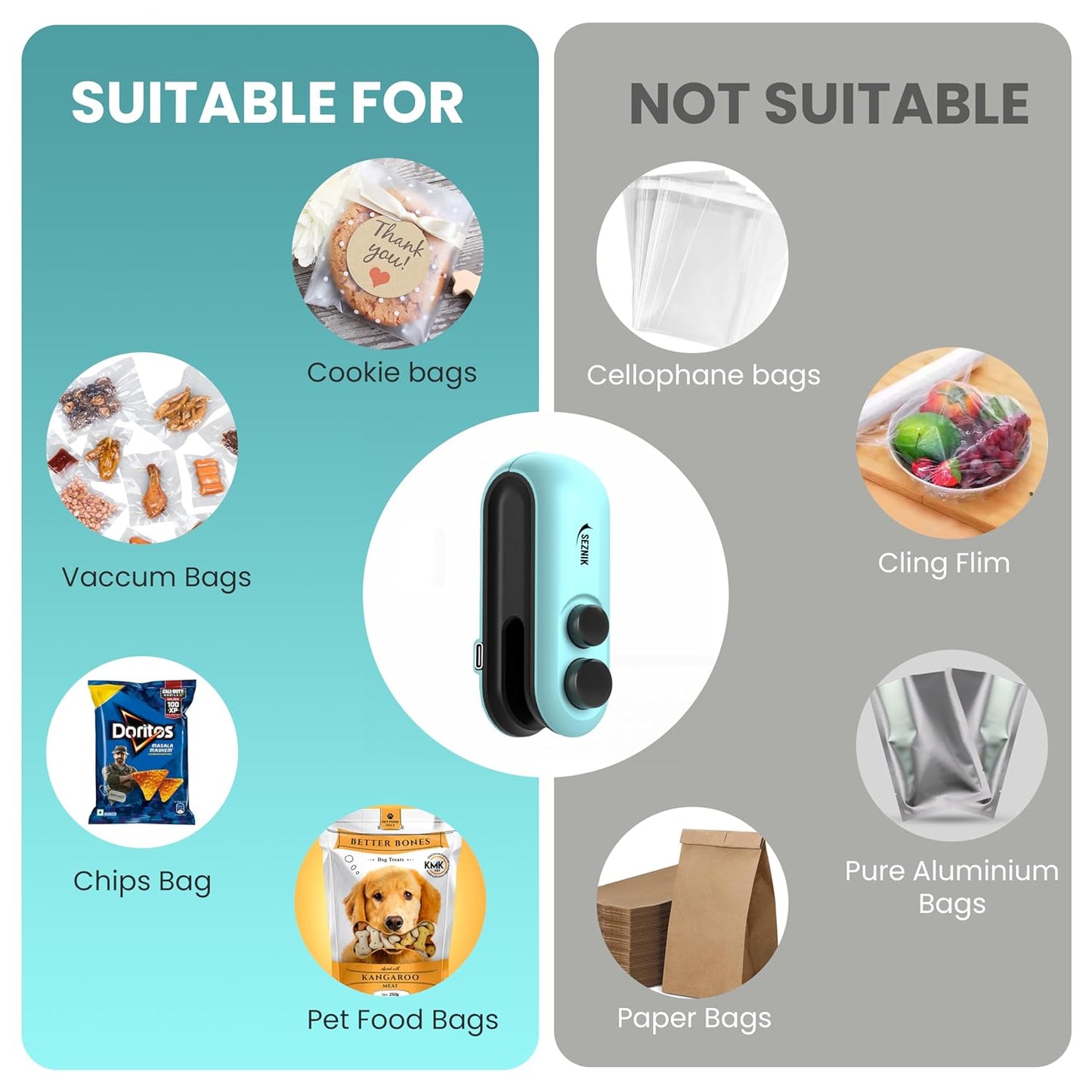 Seznik Portable Mini Sealing Machine, Handheld Packet Sealer for Food, Snacks, Chips, Fresh Storage, Plastic Bags Sealing Machine, 1 YEAR Warranty (White)