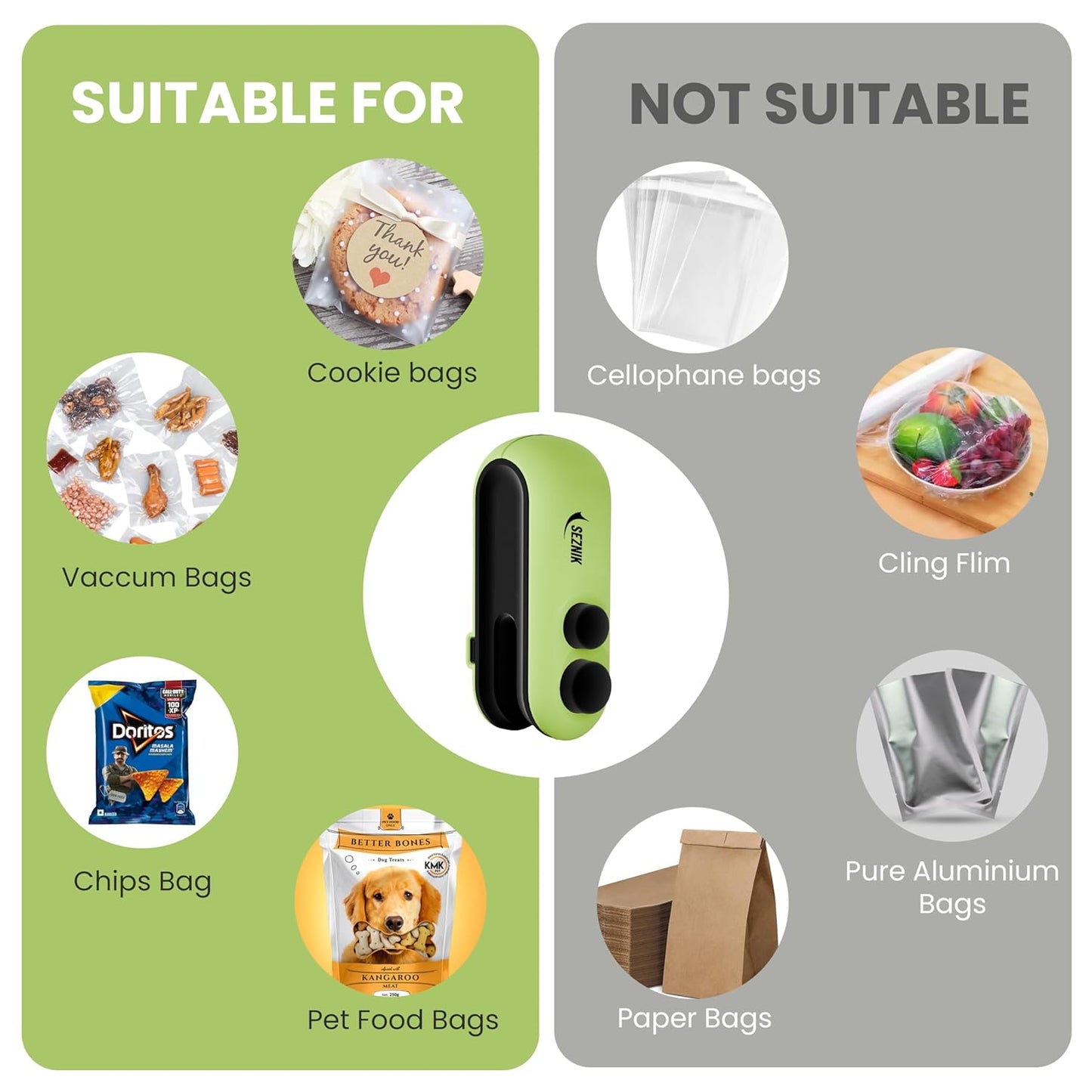 Seznik Portable Mini Sealing Machine, Handheld Packet Sealer for Food, Snacks, Chips, Fresh Storage, Plastic Bags Sealing Machine, 1 YEAR Warranty (White)