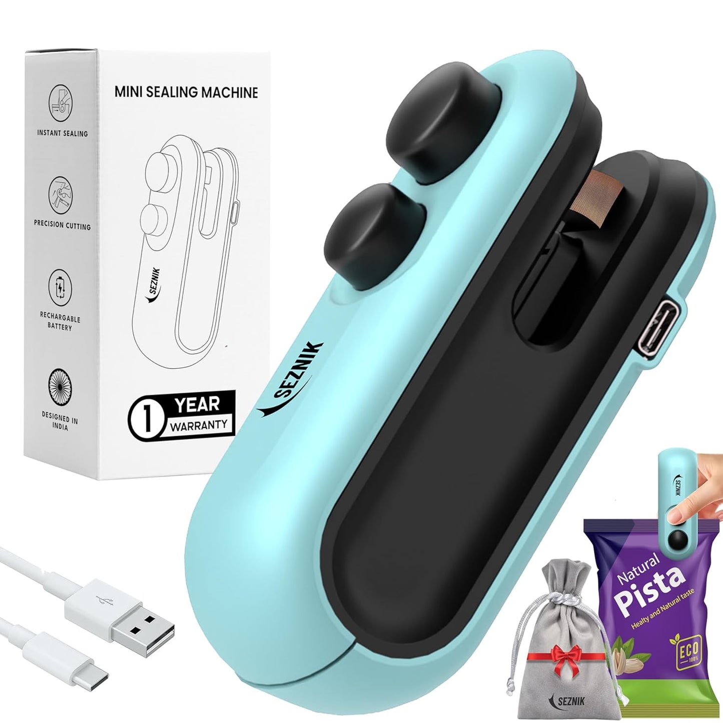 Seznik Portable Mini Sealing Machine, Handheld Packet Sealer for Food, Snacks, Chips, Fresh Storage, Plastic Bags Sealing Machine, 1 YEAR Warranty (White)