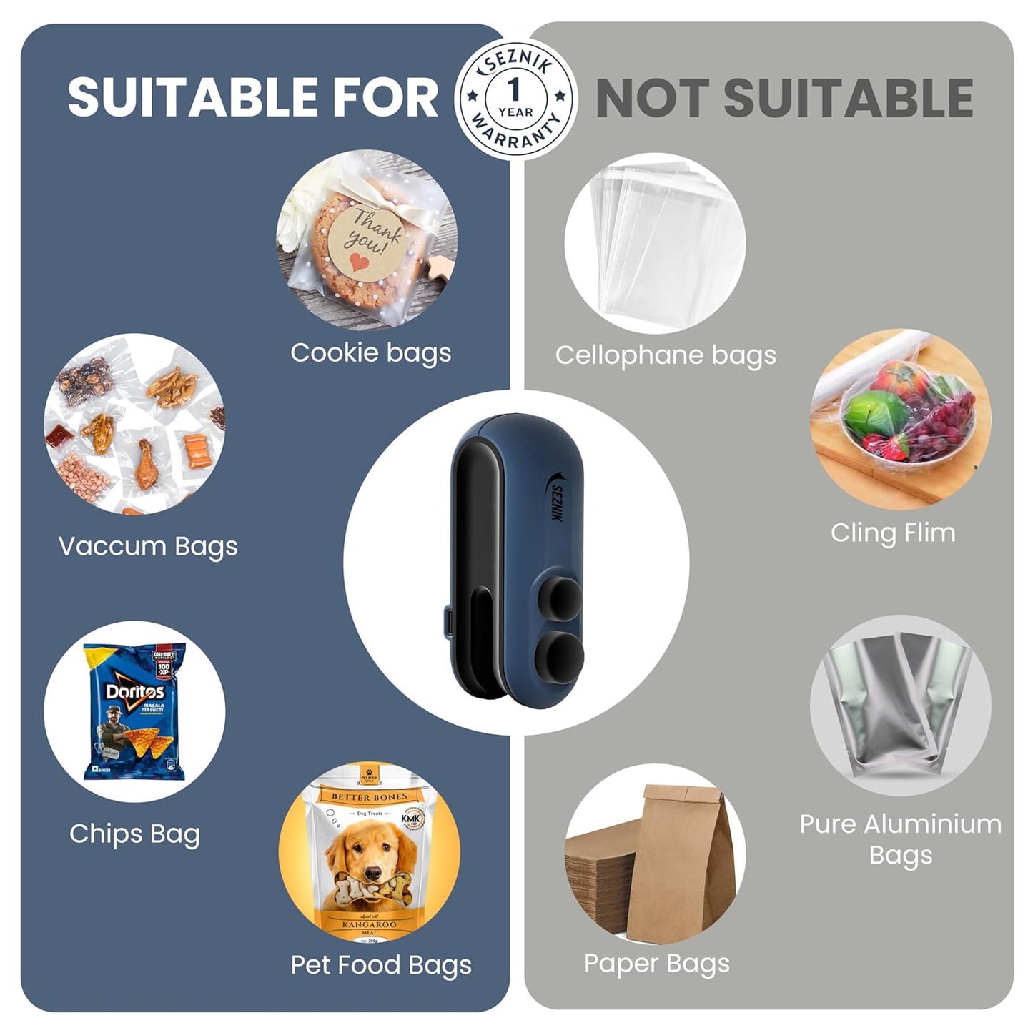 Seznik Portable Mini Sealing Machine, Handheld Packet Sealer for Food, Snacks, Chips, Fresh Storage, Plastic Bags Sealing Machine, 1 YEAR Warranty (White)