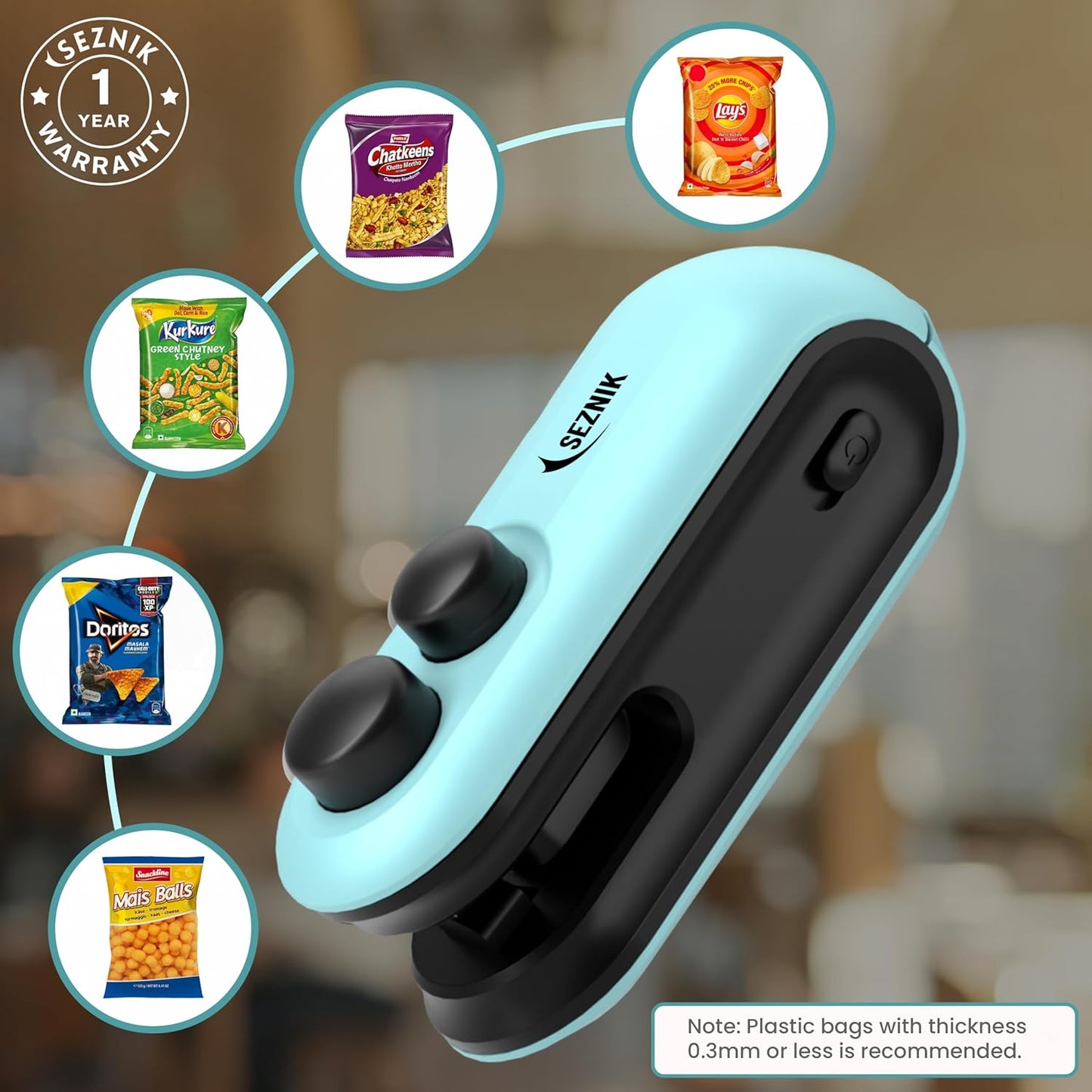 Seznik Portable Mini Sealing Machine, Handheld Packet Sealer for Food, Snacks, Chips, Fresh Storage, Plastic Bags Sealing Machine, 1 YEAR Warranty (White)