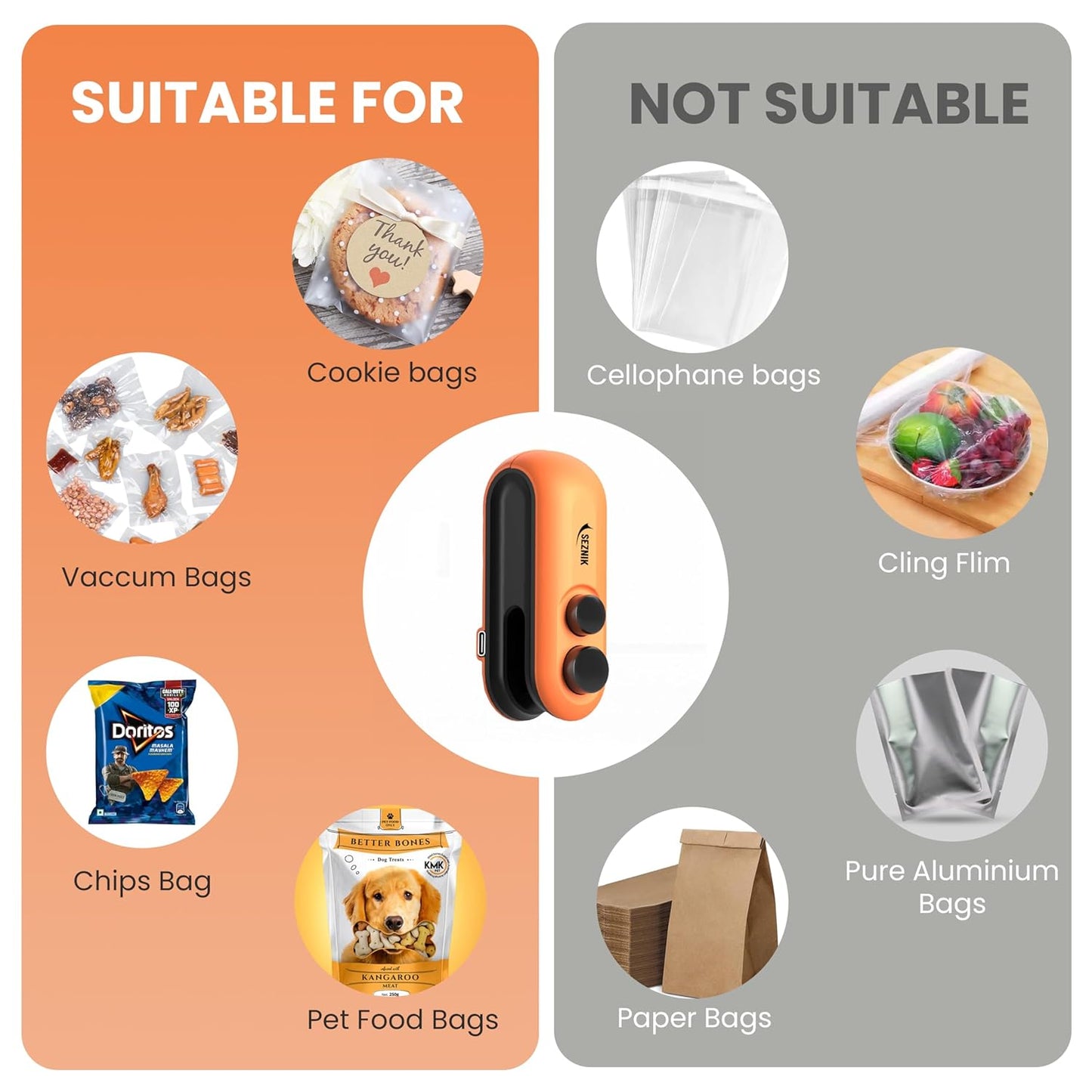 Seznik Portable Mini Sealing Machine, Handheld Packet Sealer for Food, Snacks, Chips, Fresh Storage, Plastic Bags Sealing Machine, 1 YEAR Warranty (White)