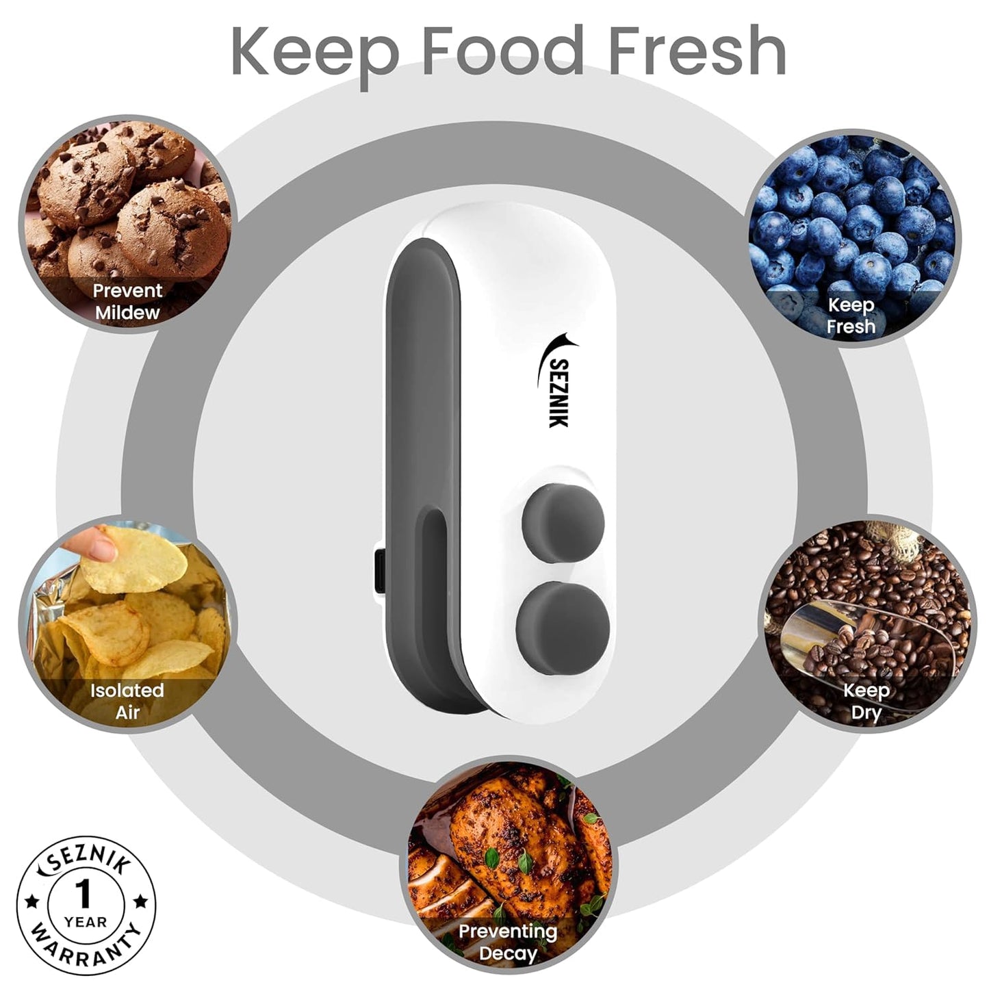 Seznik Portable Mini Sealing Machine, Handheld Packet Sealer for Food, Snacks, Chips, Fresh Storage, Plastic Bags Sealing Machine, 1 YEAR Warranty (White)