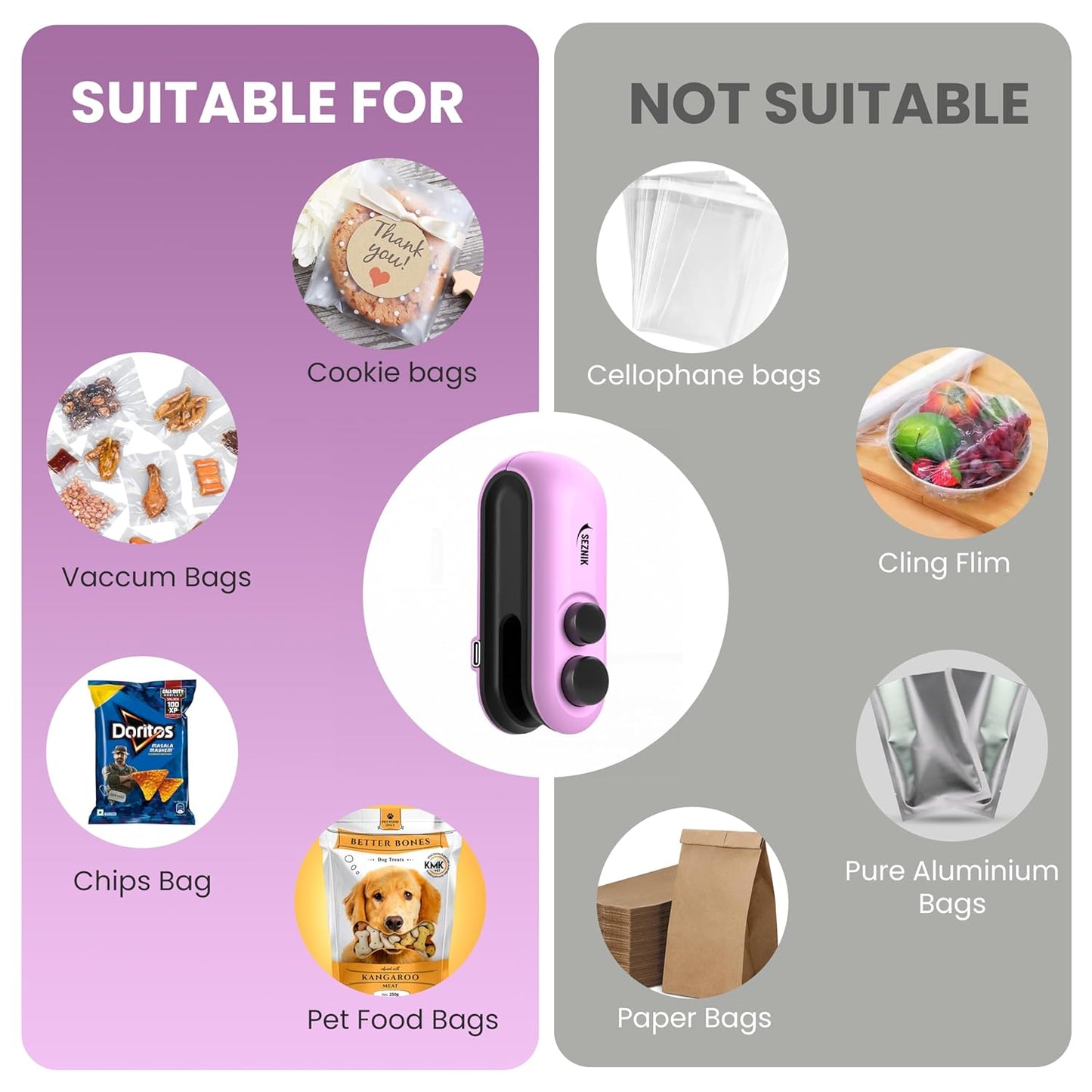 Seznik Portable Mini Sealing Machine, Handheld Packet Sealer for Food, Snacks, Chips, Fresh Storage, Plastic Bags Sealing Machine, 1 YEAR Warranty (White)